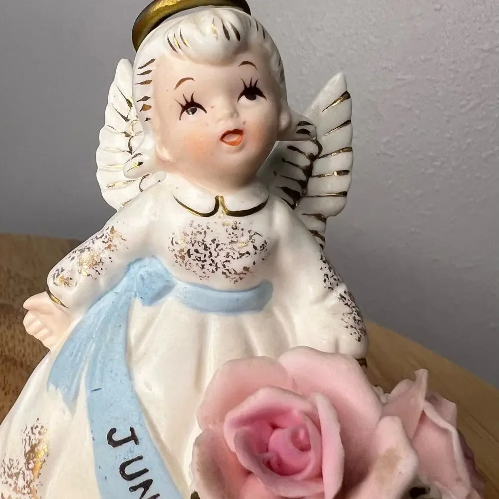 Vintage Lefton June Birthday Angel Blue Sash Pink Flowers Porcelain 3332